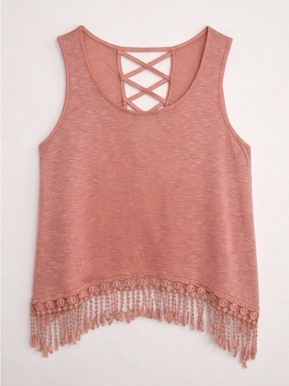 Crisscross Fringe Hem Sleeveless Top - Peach - size Small